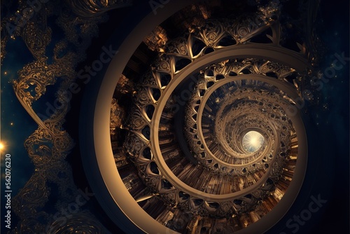 Magical fractal pattern circling endlessly into infinity like a clock, leading into a new dimension with unique properties