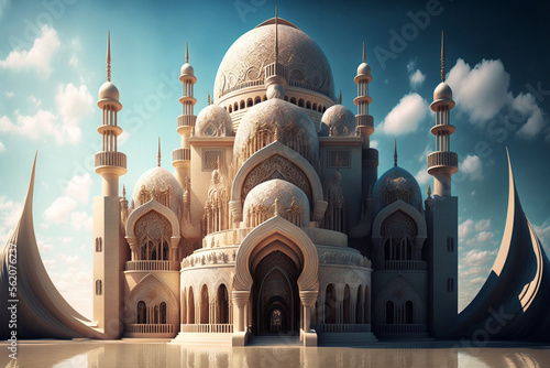 Ramadan Kareem greeting photo of beautiful Arabic mosque and Islamic details. 