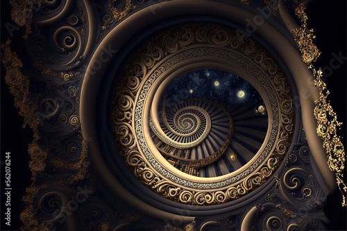 Magical fractal pattern circling endlessly into infinity  leading into a new dimension and at the end there is darkness