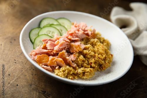 Healthy salmon bowl with spicy rice