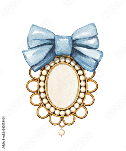 Watercolor vintage antique gold oval pendant with ornate, pearls and blue bow isolated on white background. Hand drawn illustration sketch