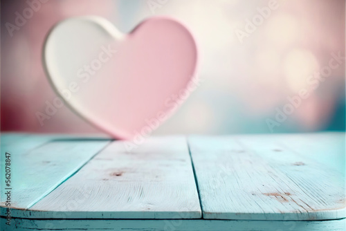 valentines day themed background with empty pastel color wooden table for product display, bokeh lights, copy space, hearts in the background, generative ai 