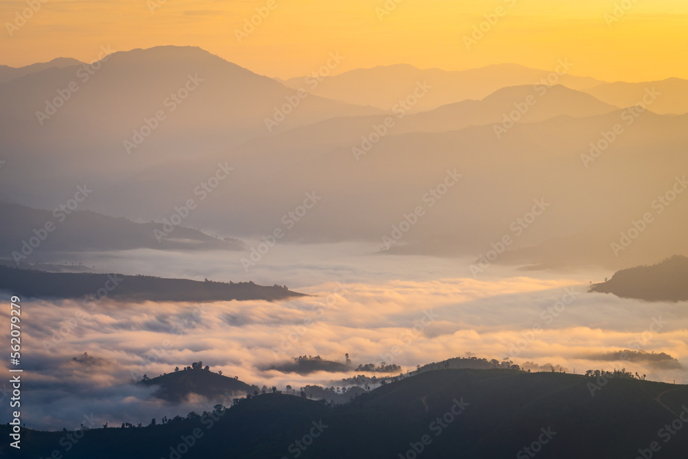 The sunrise over the mountain with sea of fog in the western of Thailand