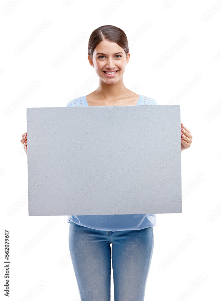 Woman, happy portrait and blank board standing in white background for advertising, marketing and branding vision. Model, smile and holding empty poster, billboard or banner mockup isolated in studio Woman, happy portrait and blank board standing in white background for advertising, marketing and branding vision. Model, smile and holding empty poster, billboard or banner mockup isolated in studio