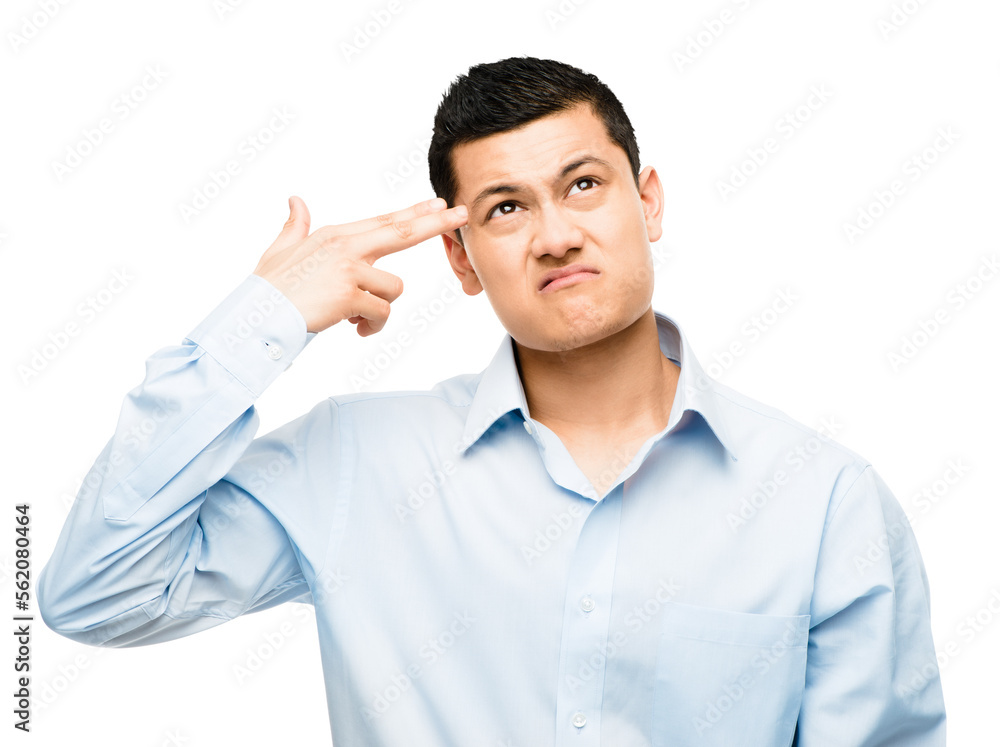 An asian businessman miming his brains being blown out isolated on a PNG background. An asian businessman miming his brains being blown out isolated on a PNG background.
