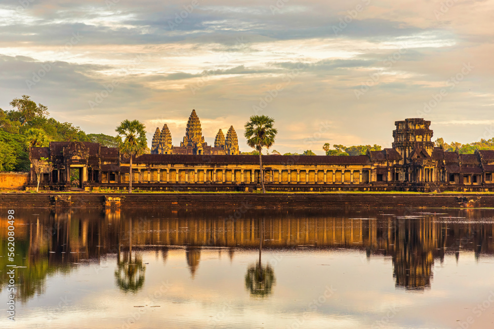 The ancient Khmer temple of Angkor Wat at sunset