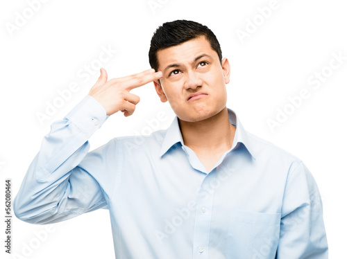 An asian businessman miming his brains being blown out isolated on a PNG background.