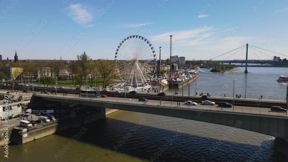 Aerial Pan of Cologne Deutz Suspension Bridge and Ferris Wheel Germany