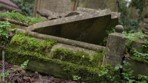 Broken gravestone opened, covered in moss in a forest graveyard on a cloudy day photo