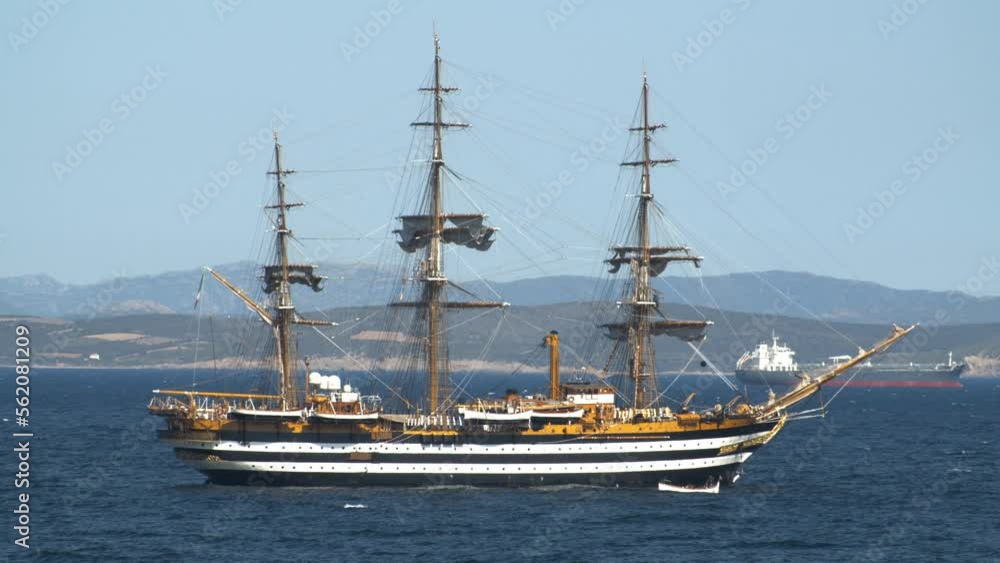 Establisher view of beautiful Tallship of Amerigo Vespucci off coast of Sardinia
