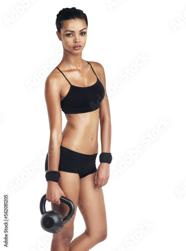 Exercise, portrait or strong black woman with kettlebell for fitness goals, weight loss diet or bodybuilding. Health wellness studio, arm workout or training athlete girl isolated on white background