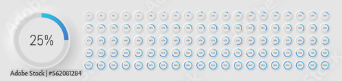 Round loading progress icons in neumorphism style. Percentage from 1 to 100.