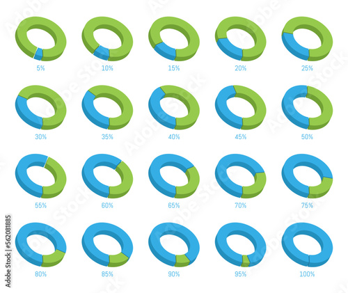 Pie chart vector 3D circle diagram infographic set. From 5% to 100%.