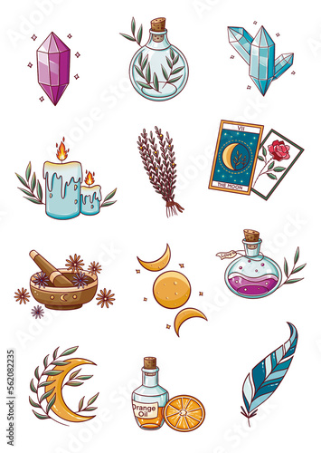 Witchcraft magical stickers. Witch mystical symbol, tarot, candles, essential oils, moon symbols, crystal, illustration icons set. Spiritual witchcraft, mystic esoteric element