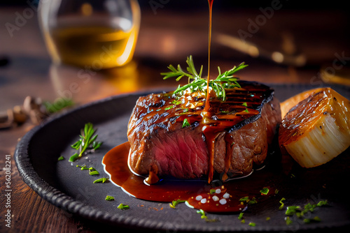 Fototapet A Perfectly Grilled Steak: The Art of Food Photography in a Fine Dining Restaura