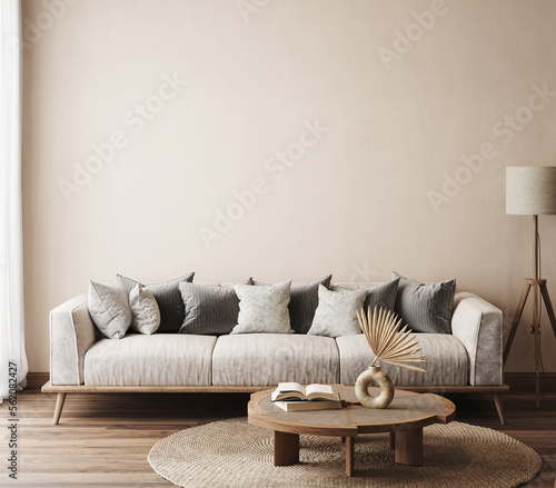 Wall mockup in Scandi-Boho living room interior background, 3d render