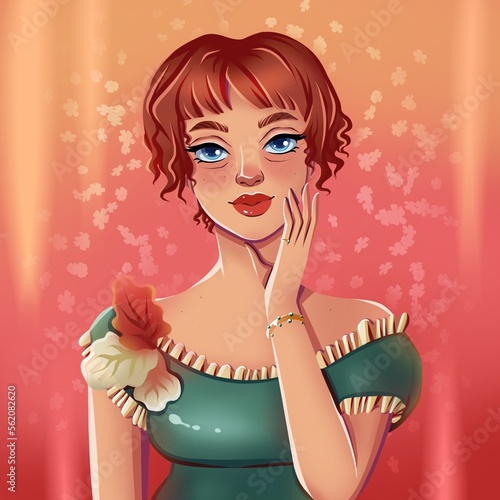 Portrait of a beauty woman in green dress on pink background. Pretty hand drawn cartoon character. Romantic illustration. 
