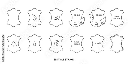 Sustainable eco vegan leather symbols set for clothes tag. Vector stock illustration isolated on white background. Editable stroke line.