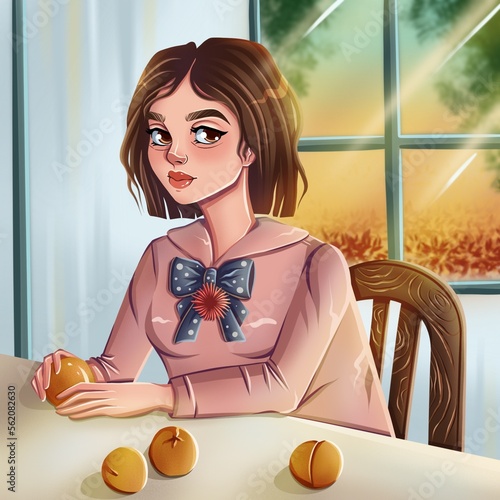 Girl with peaches. Cute hand drawn character in cartoon style.