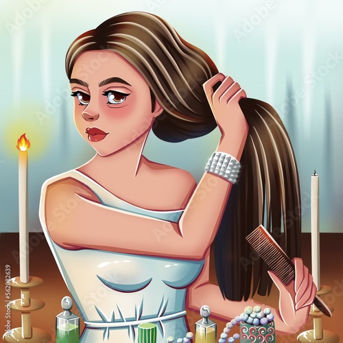 Portrait of a woman at the dressing table. Girl brushes her hair and dressing up at the table. Cute hand drawn character in cartoon style. 