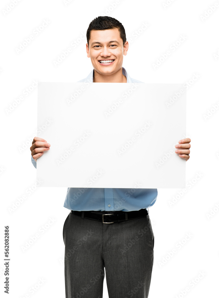 A young businessman holding a placard isolated on a PNG background. A young businessman holding a placard isolated on a PNG background.