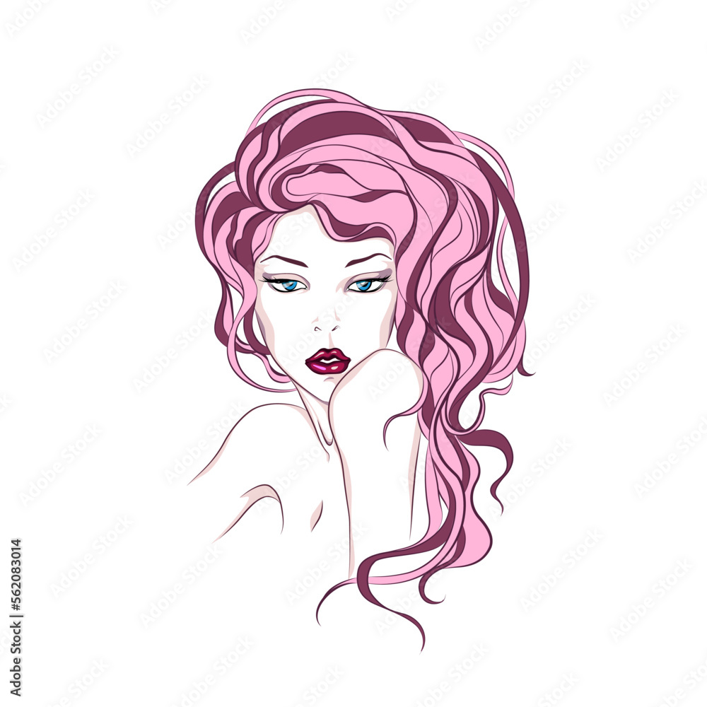 Beautiful girl with long pink hair. Fashion woman abstract female portrait, isolated vector illustration. Tattoo, print and logo design for spa or beauty salon. Beautiful girl with long pink hair. Fashion woman abstract female portrait, isolated vector illustration. Tattoo, print and logo design for spa or beauty salon.
