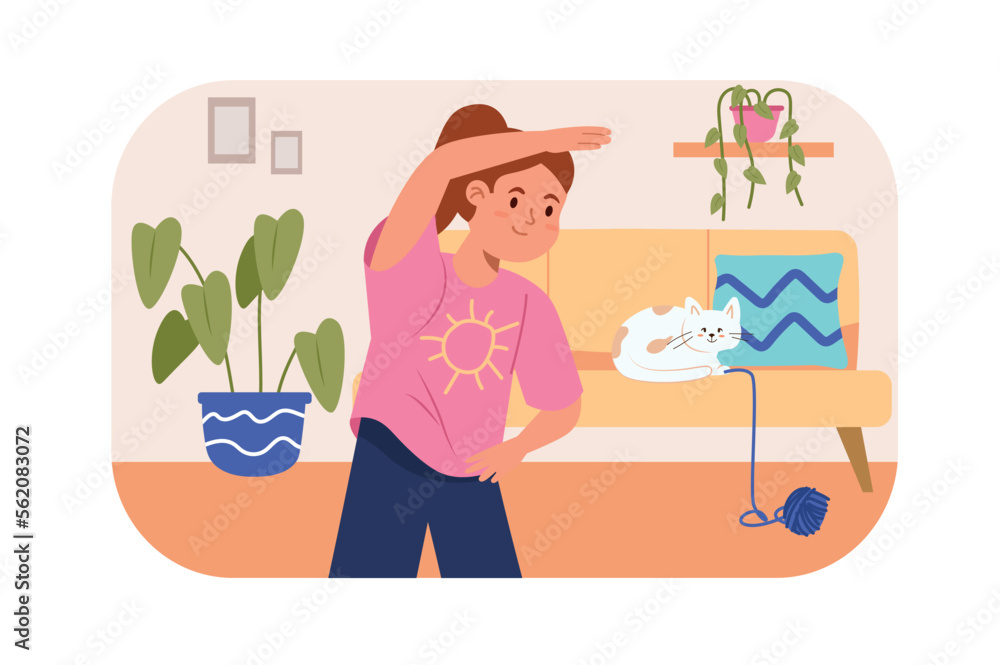 Children doing sport training concept with people scene in flat design. Teenager girl doing morning exercises and daily gymnastic routine at home. Vector illustration with character situation for web