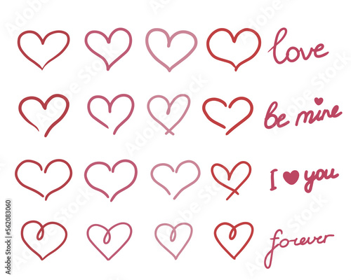 set of vector hearts and lettering isolated on white background