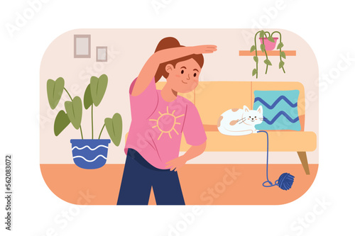 Children doing sport training concept with people scene in flat design. Teenager girl doing morning exercises and daily gymnastic routine at home. Vector illustration with character situation for web