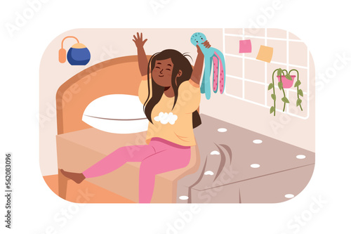 Children wake up morning concept with people scene in flat design. Teenager girl in pajamas woke up and stretches sitting on bed in kid bedroom. Vector illustration with character situation for web