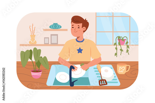 Children wash dishes concept with people scene in flat design. Cute teenager boy washing plates and in sink while standing in kitchen at home. Vector illustration with character situation for web