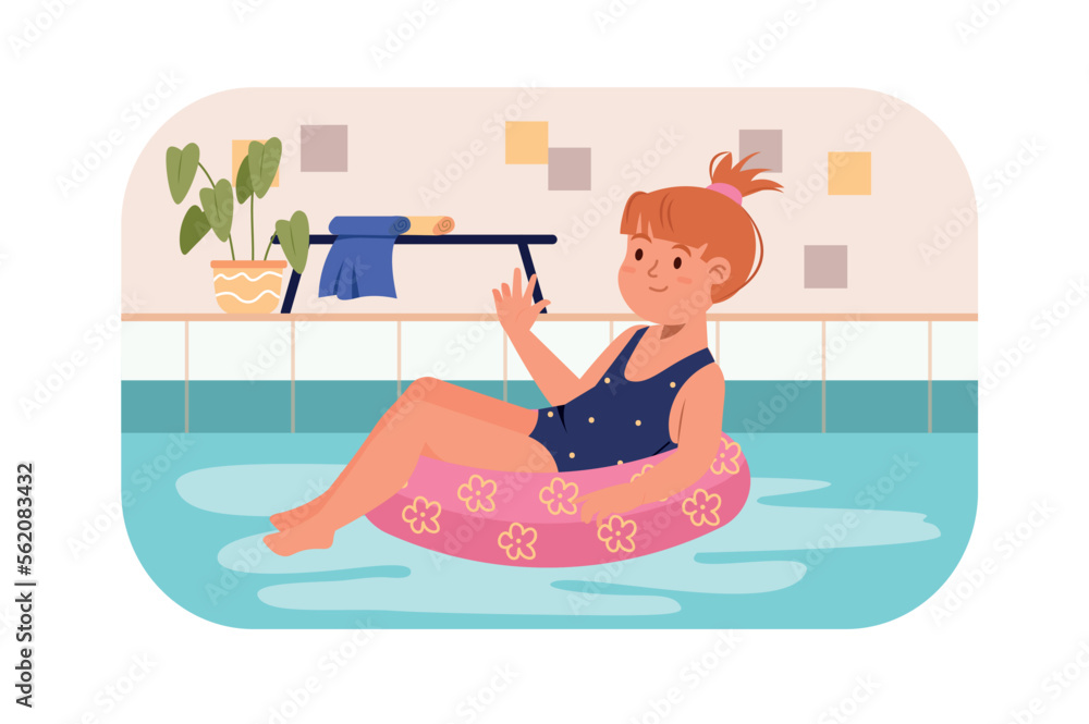 Children in swimming pool concept with people scene in flat design. Teenager girl in swimsuit floats on inflatable ring and relaxes on vacation. Vector illustration with character situation for web Children in swimming pool concept with people scene in flat design. Teenager girl in swimsuit floats on inflatable ring and relaxes on vacation. Vector illustration with character situation for web