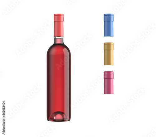 Rose wine bottle, bordolese type 75cl, alpha channel background, with stackable capsules on transparent, for making packshots and mockups, 3d rendering