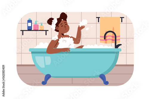 Children in bathroom concept with people scene in flat design. Happy teenager girl washes and plays with soapy foam while sitting in tub bathroom. Vector illustration with character situation for web