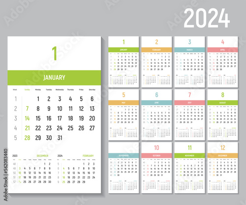 Wall monthly calendar for the year 2024. Simple monthly vertical calendar Layout for 2024 in English. Cover calendar, templates for 12 months. The week begins on Sunday. Vector