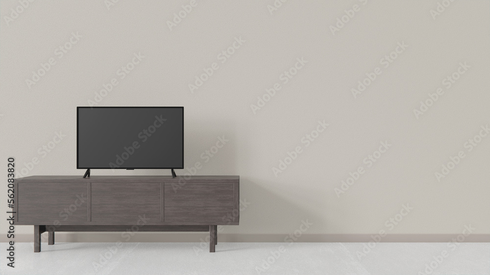 TV on the cabinet and acoustic system on the floor in modern living in an empty room with on blue wall background, 3d rendering TV on the cabinet and acoustic system on the floor in modern living in an empty room with on blue wall background, 3d rendering