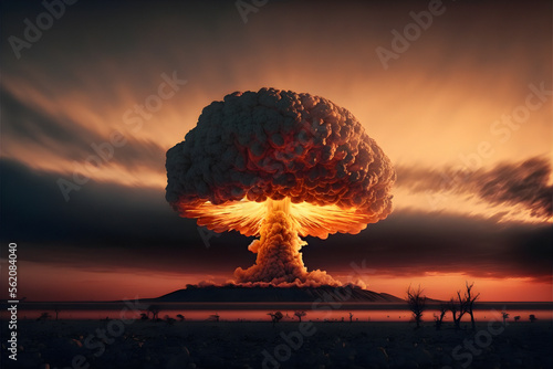 An explosion in a town's skyline making a nuclear fire mushroom cloud in an apocalyptic war. Nuclear explosion of atomic bomb in a nuclear war. 3D digital illustration.
