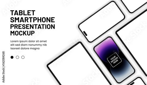 Modern laptop mockup front view and smartphone mockup high quality isolated on white background. Notebook mockup and phone device mockup for ui ux app and website presentation Stock Vector.