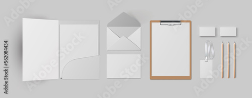 Mockup business corporate branding template on gray background, set of stationery with a folder, envelope, card and pencil, 3d vector identity illustration, badge and A4 form