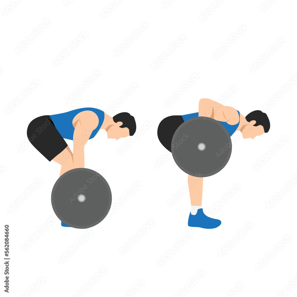 Man doing The Pendlay barbell row. bent over barbell rows from floor Flat vector illustration