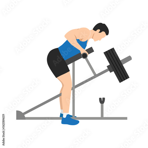 Man doing bent over T bar row with chest supported. Flat vector illustration isolated on white background