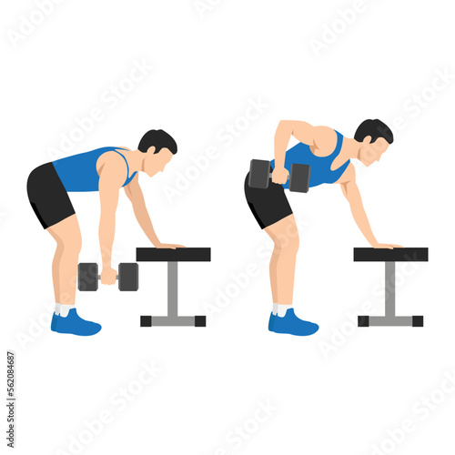 Man doing Single arm bent over row exercise. Flat vector illustration isolated on white background. workout character set