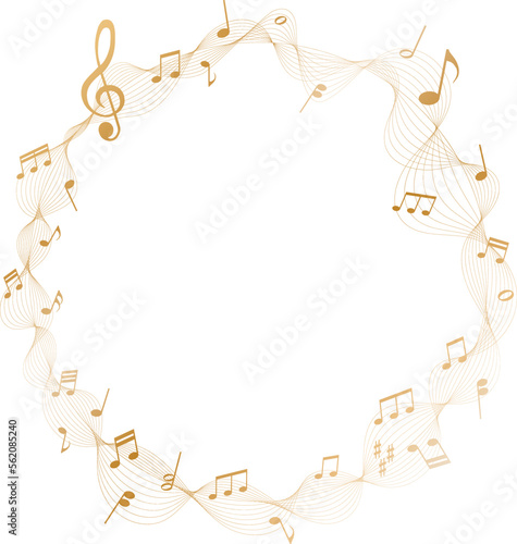 vector illustration of gold colored  sheet music circle frame - musical notes melody