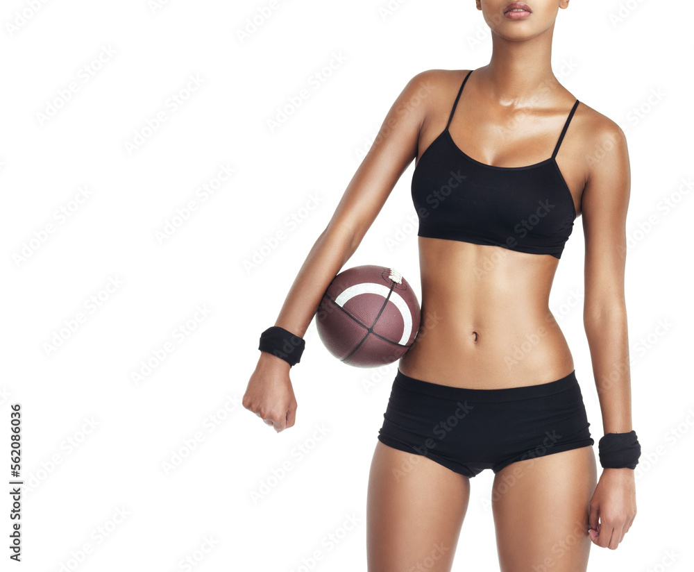 Sports, studio mockup and black woman with football for exercise fitness, competition game or performance challenge. Health mock up, workout and training football player isolated on white background Sports, studio mockup and black woman with football for exercise fitness, competition game or performance challenge. Health mock up, workout and training football player isolated on white background