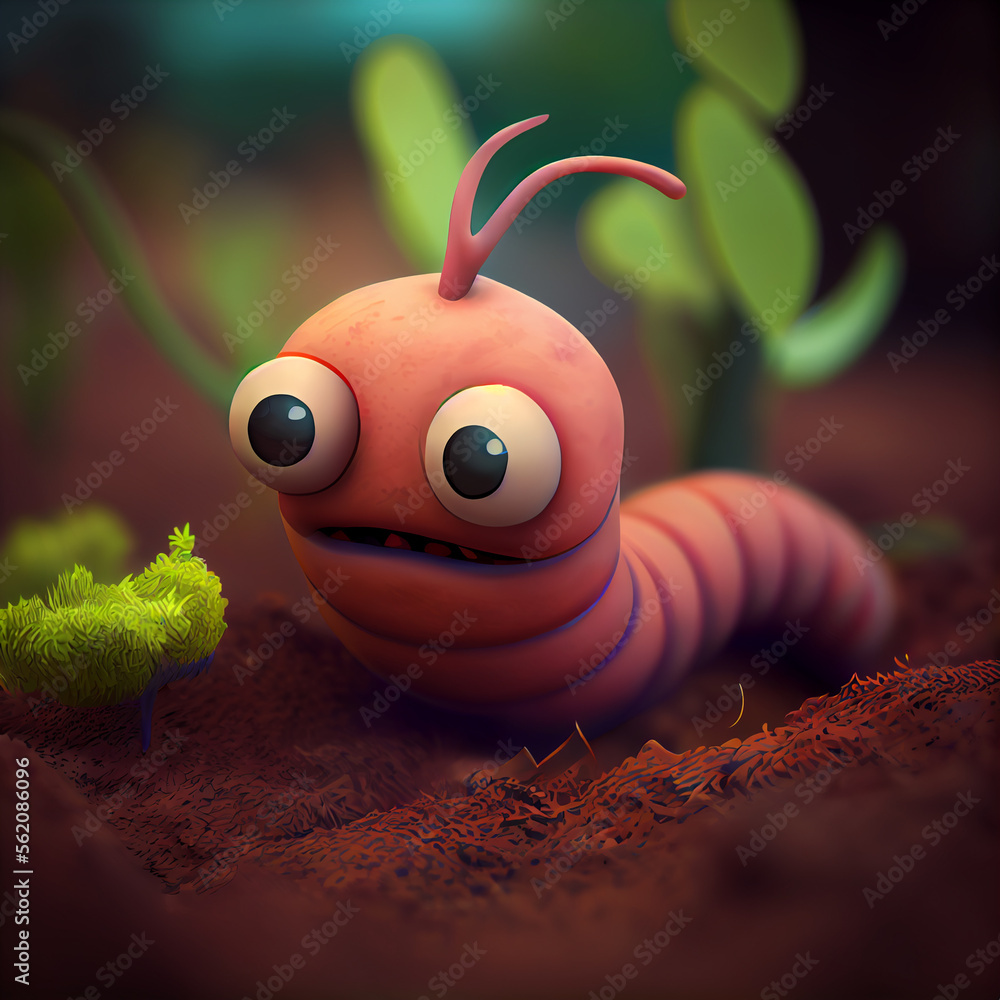 Cartoon compost worm character, cute caterpillar or earth worm 3d  personage, funny crawling earthworm, larva or grub insect in garden or  forest defocused background. Adorable kawaii pest , lovely bug Stock  Illustration