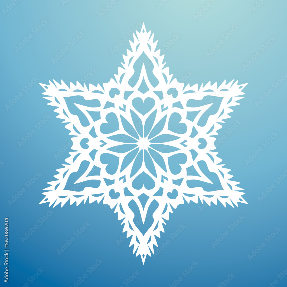 White template snowflake with shadow. Isolated snowflakes icon, round mandala. Winter Holiday cartoon flat illustration. Merry Christmas and New year Vector. Hand draw style