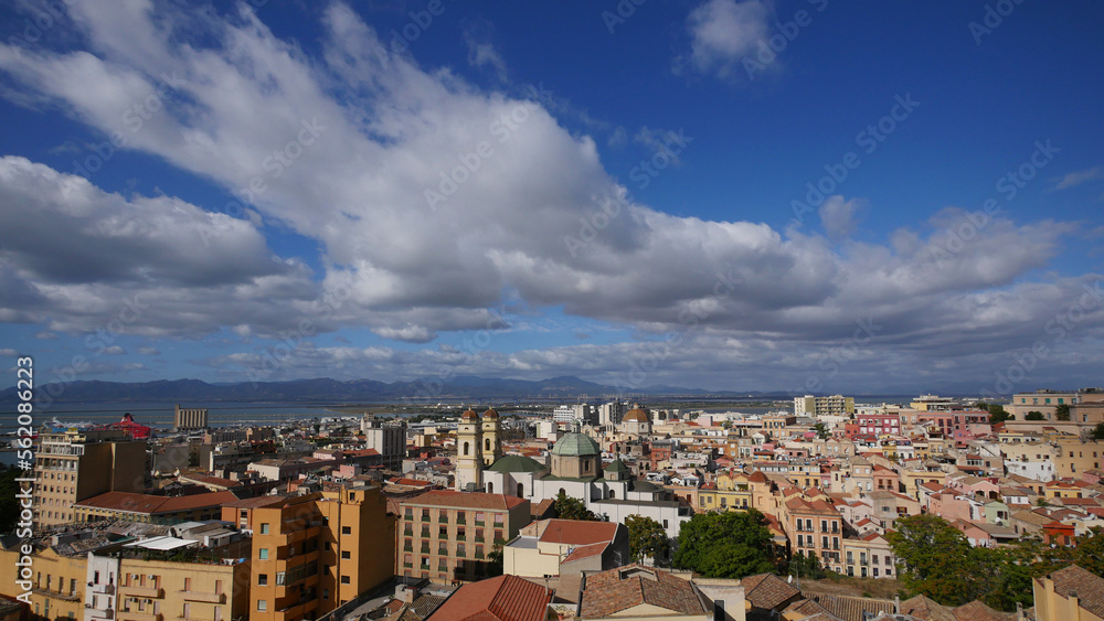 Extreme wide angle overview of the city of Cagliari, Sardinia, looking towards the port