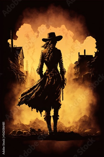 Female gunslinger sunset western postapocalypse created with AI