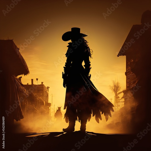 Female gunslinger sunset western postapocalypse created with AI photo
