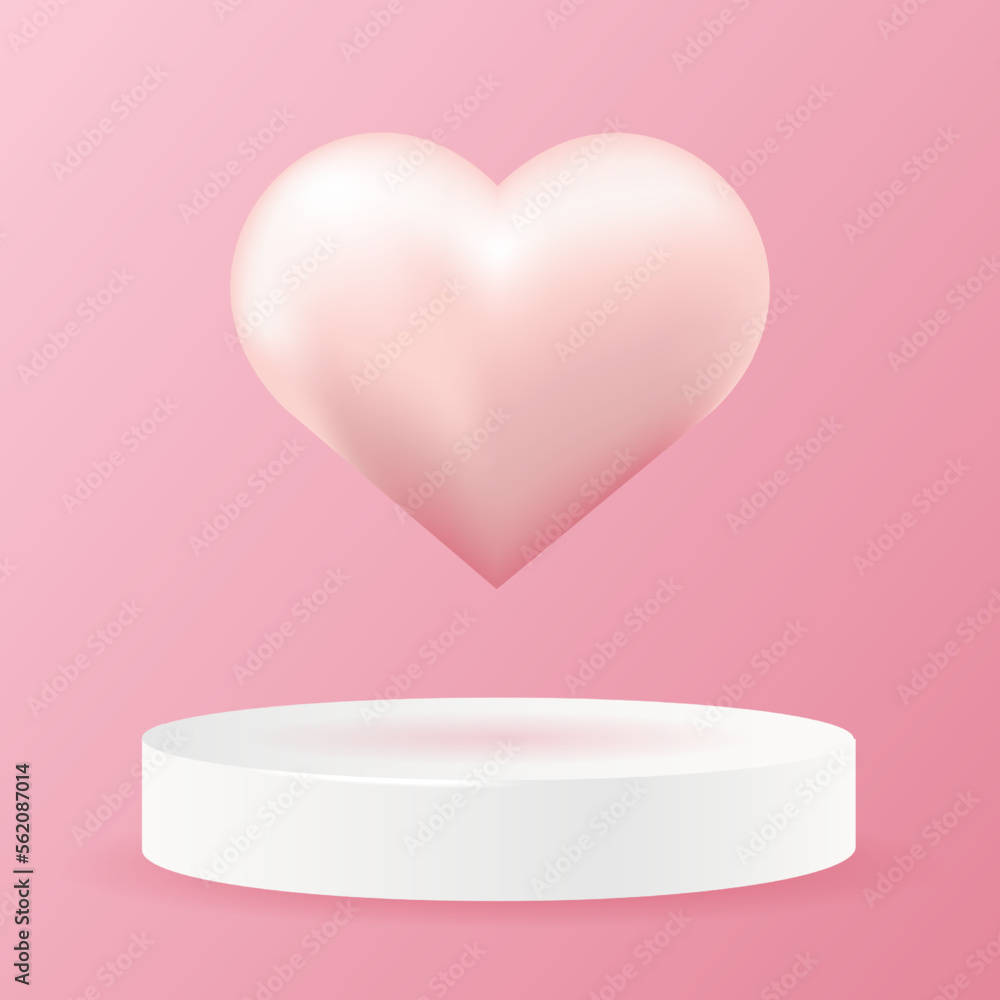Realistic pink and white 3D cylinder pedestal podium with heart shape symbol background. Vector